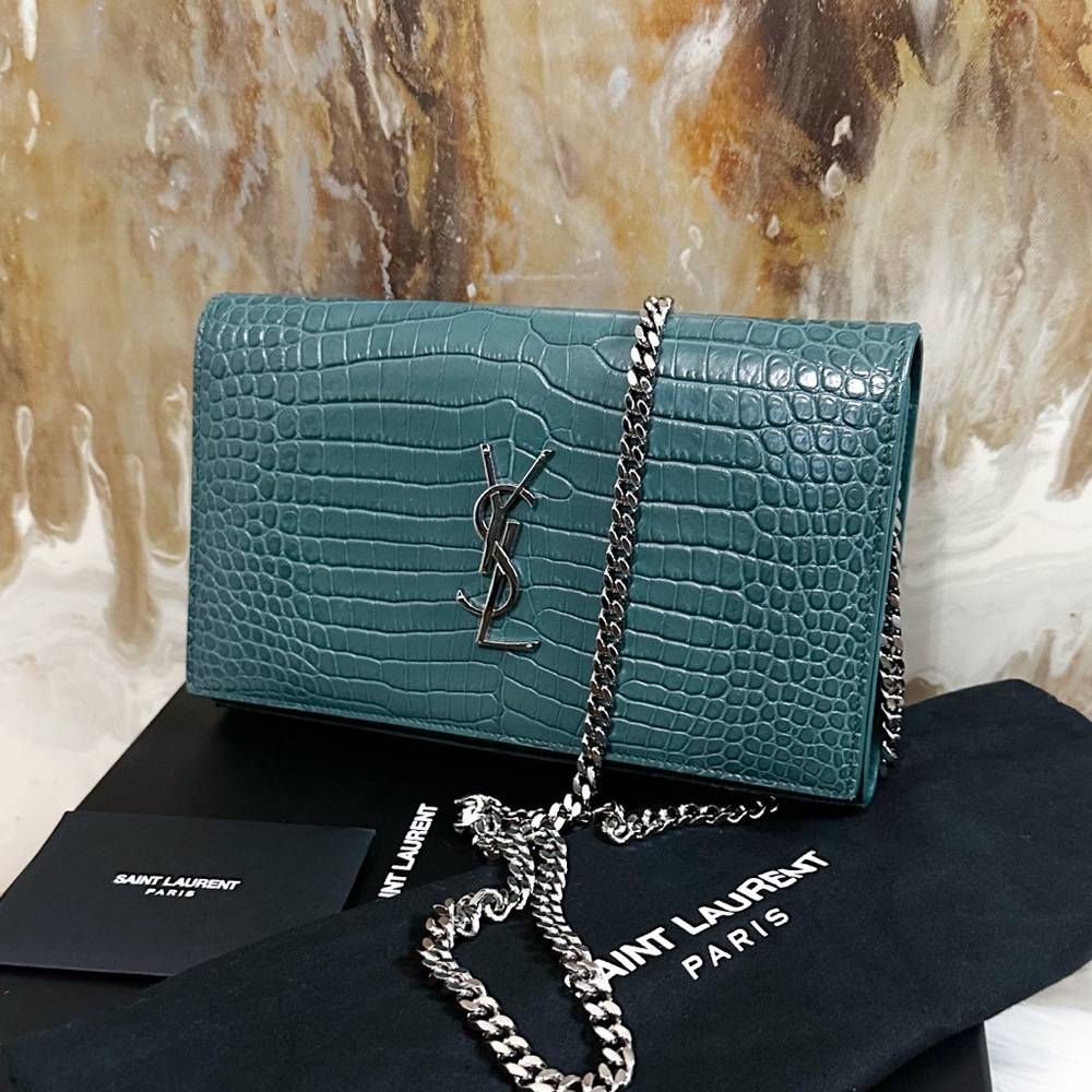 Saint Laurent Croc Embossed Green Monogram Classic Chain Wallet Clutch Bag